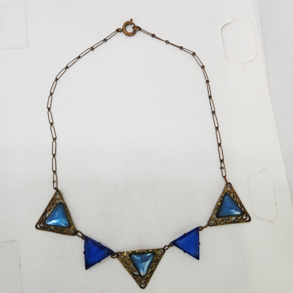 Art Deco Czech Ornate Gilt Blue Vauxhall Glass Paperclip Necklace Vtg Jewelry